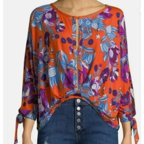 Free People Tops - Free People Orange Floral Twist High-Low Batwing Top Size S Flounce Keyhole Soft